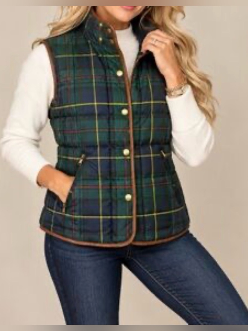 Lauren Ralph Lauren Plaid Quilted Puffer Vest Lambskin Leather Trim Women’s PS